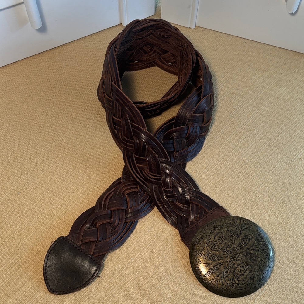 Old Navy Bohemian Braided Brown Leather Belt with Decorative Metal Buckle